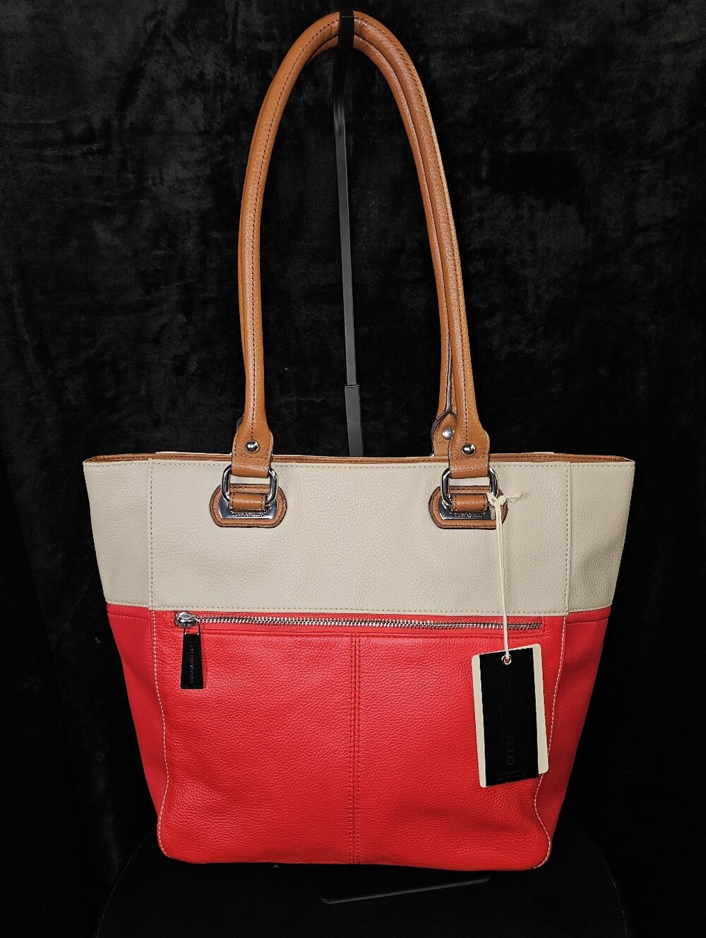 NWT Tignanello Perfect Pockets Leather Colorblock Medium Tote Bag Red Cream